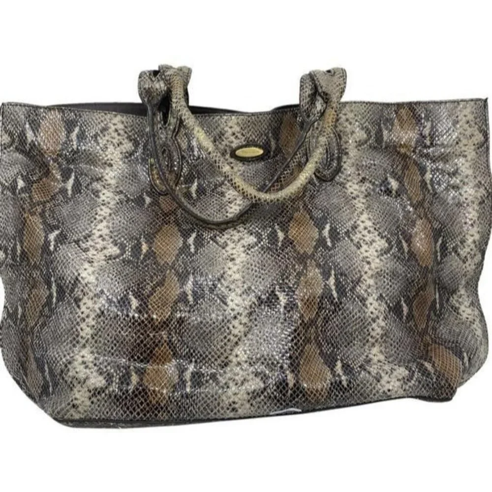 tahari bag snakeskin shoulder brown beige leather tote